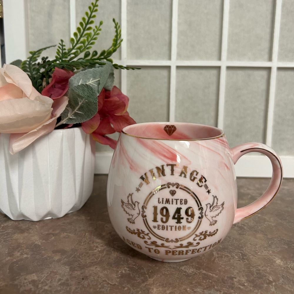 Vintage Limited Edition 1949 Aged to Perfection Pink Marbled Mug